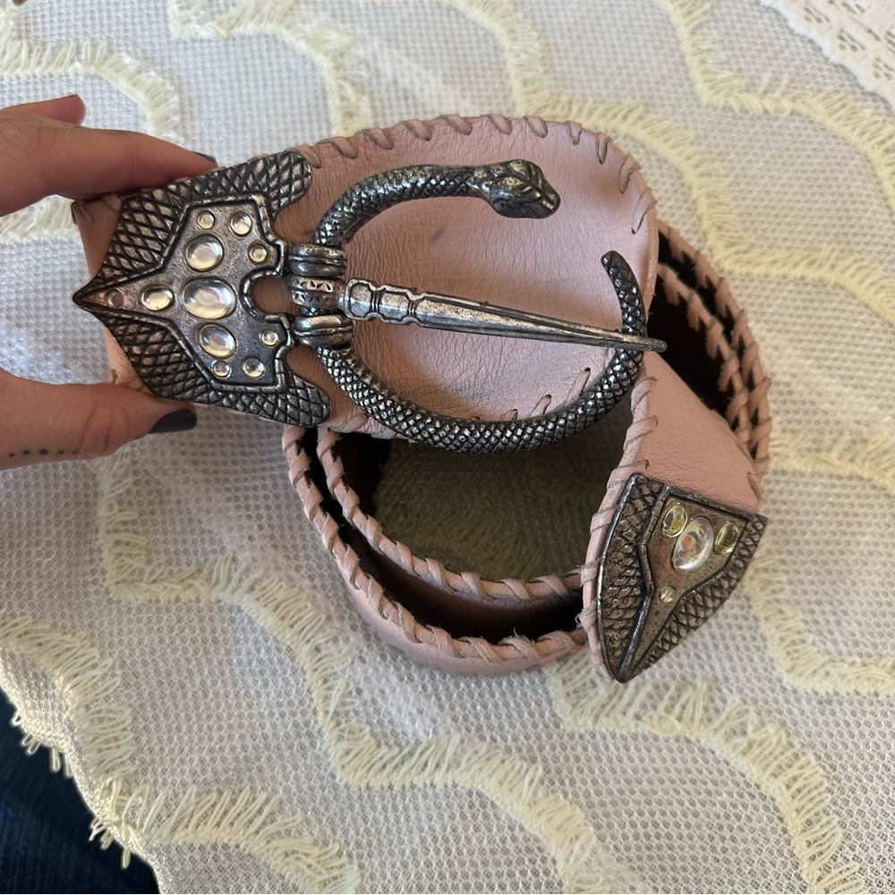 Roberto Cavalli Pink Leather Moccasin Belt with Ornate Silver-Tone Buckle